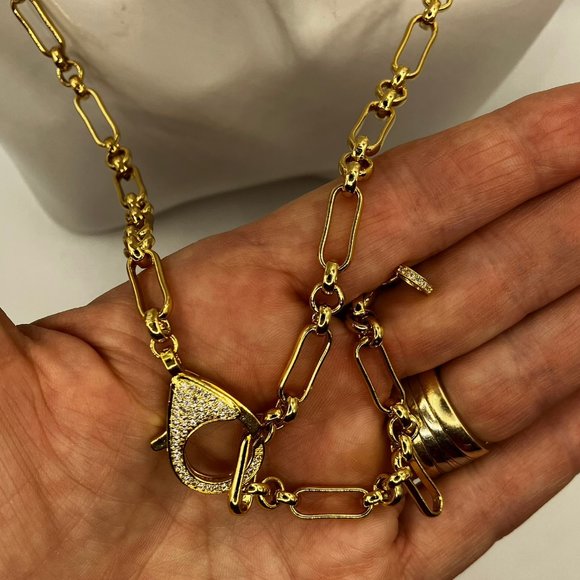 NEW 18k Real Gold Plated Paper Clip 25 inch Chain Large Cubic Zirconia Clasp - Picture 11 of 14